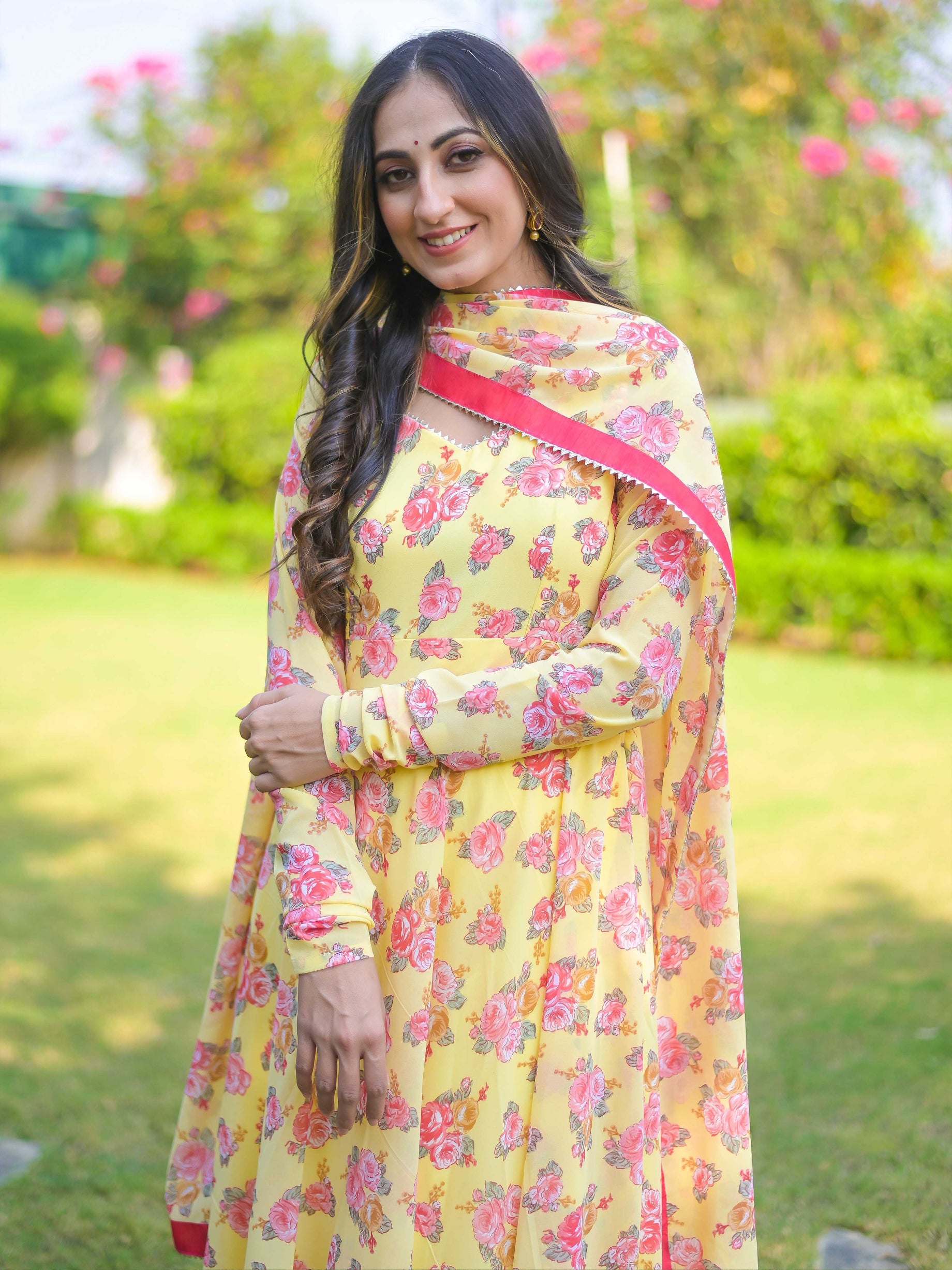 Yellow Rose Floral Anarkali Suit Set