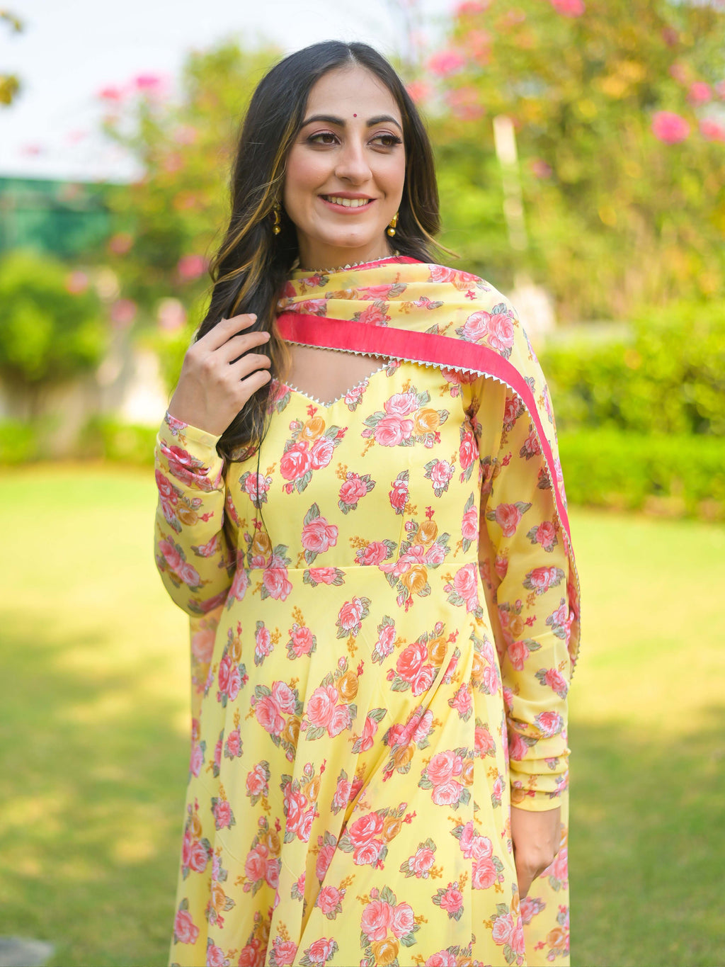 Yellow Rose Floral Anarkali Suit Set