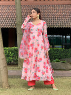 Hibiscus Print Anarkali Organza Duppata Suit Set