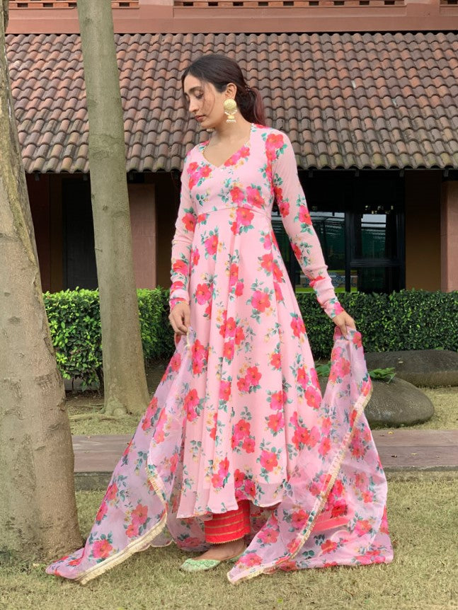 Hibiscus Print Anarkali Organza Duppata Suit Set