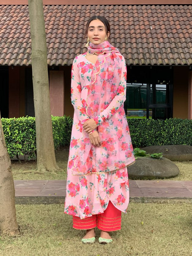 Hibiscus Print Anarkali Organza Duppata Suit Set