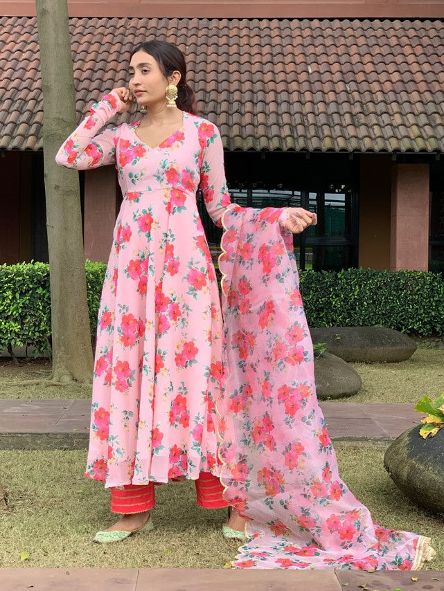 Hibiscus Print Anarkali Organza Duppata Suit Set