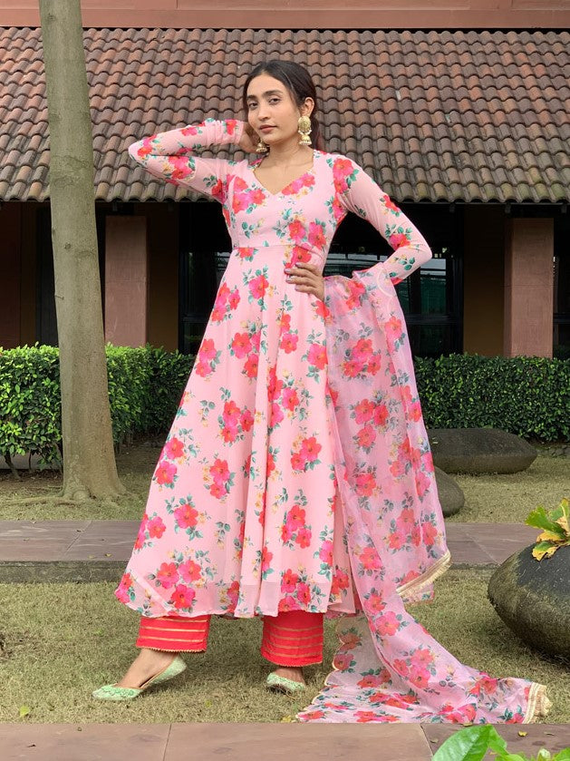 Hibiscus Print Anarkali Organza Duppata Suit Set