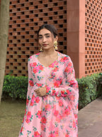 Hibiscus Print Anarkali Organza Duppata Suit Set
