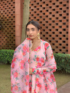 Hibiscus Print Anarkali Organza Duppata Suit Set