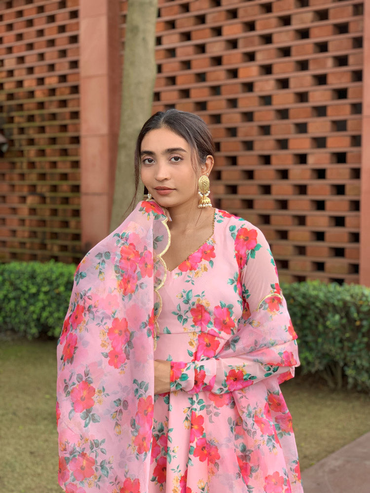 Hibiscus Print Anarkali Organza Duppata Suit Set