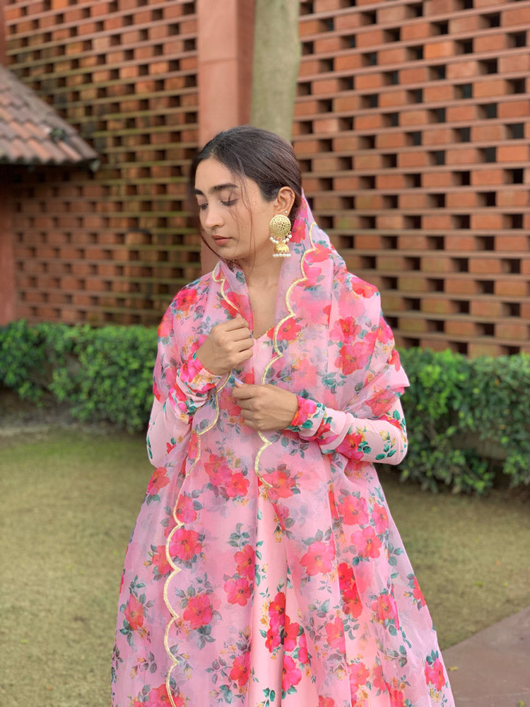 Hibiscus Print Anarkali Organza Duppata Suit Set