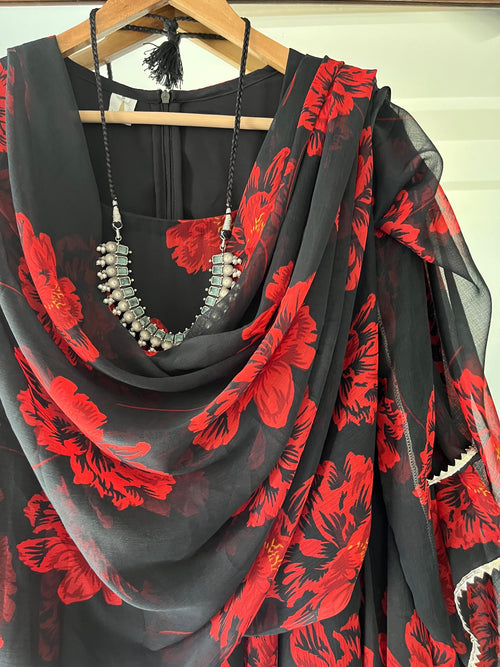 Black and Red Floral Anarkali Kurta with Dupatta