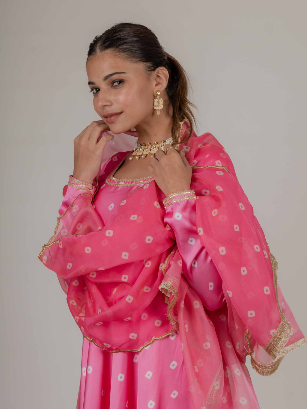 Gulabi Bandhani Kurta with Organza Duppata