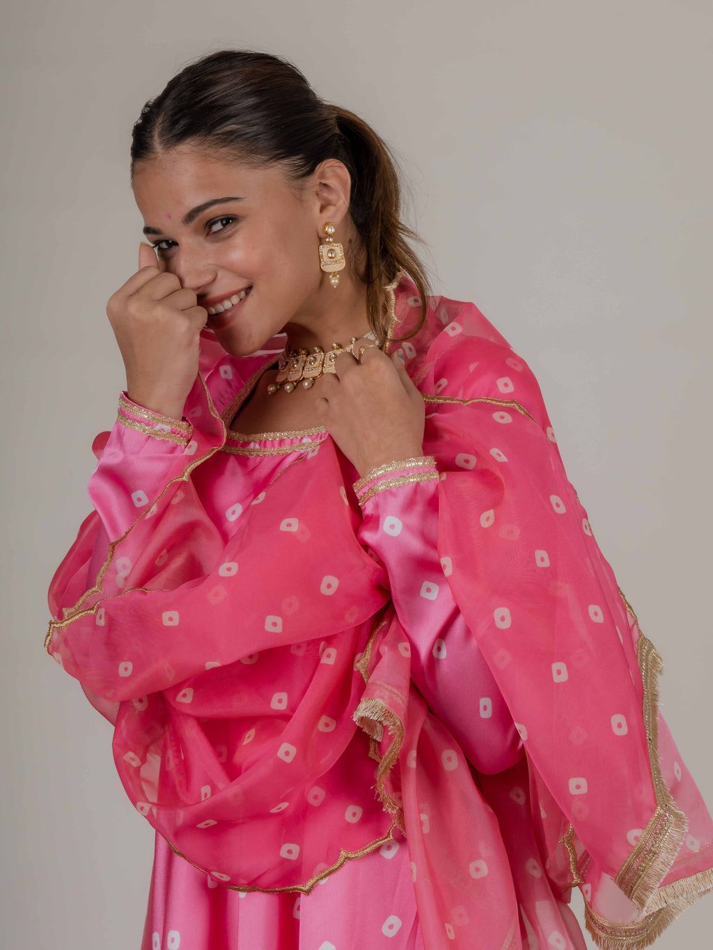 Gulabi Bandhani Kurta with Organza Duppata